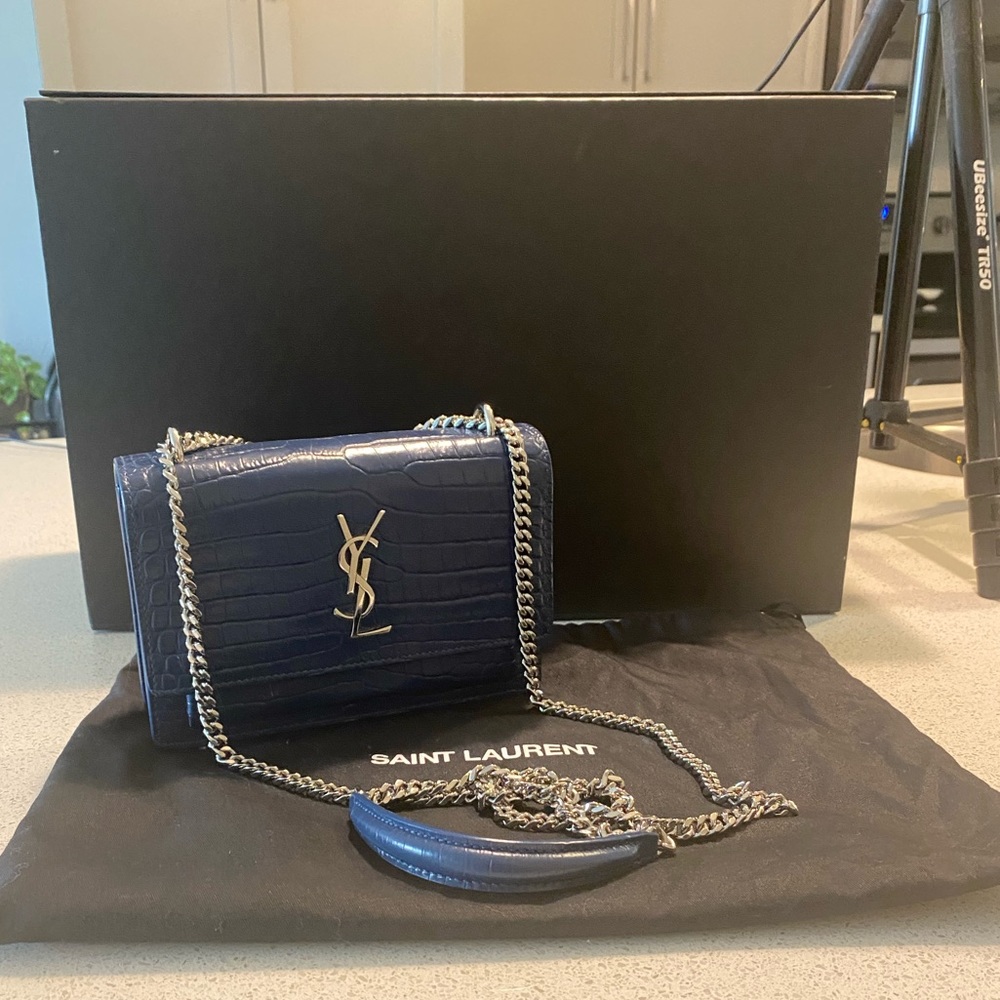 YVES SAINT LAURENT Blue Croc Embossed Leather Mini Sunset Chain Bag